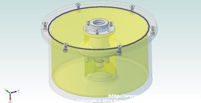 Complete rotor assembly with the new feed cone. The yellow represents the liquid level during operation.