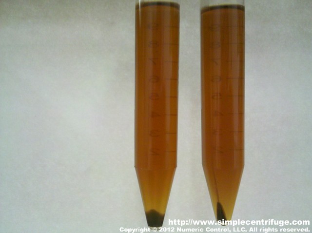 Sample on the left was heated for 5 hours and centrifuged for 30 minutes. Sample on the right was heated for 7 hours and centrifuged for 5 minutes. It is becoming evident that careful heating plays an important part.