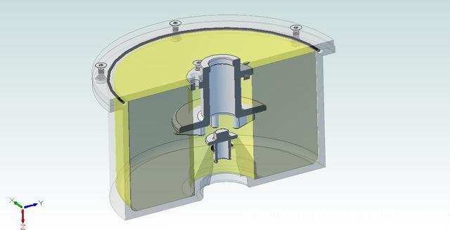 Cut away rendering of the rotor assembly. Yellow represents the liquid level during operation.