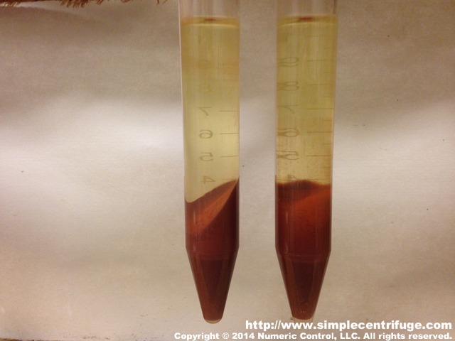 After less than a minute in the centrifuge the oil is clear and the stone cuttings are caked. The customer says his oil recovery from settling alone is less than 40%. This sample it appears the recovery is close to 65%. Also, the cake will remain a dry solid allowing easier disposal was solid waste rather than liquid waste.