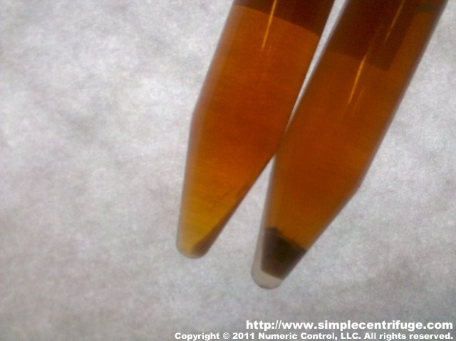 These are the same samples rotated a bit to show the difference of waste. Clearly long term settling of WVO plays an important part if clarity is important. In a heated system the heavier hydrogenated part that affects clarity isn't an issue.