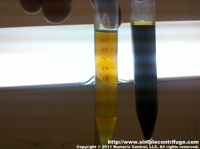 After 1 hour in the lab centrifuge the sample is perfectly clear.