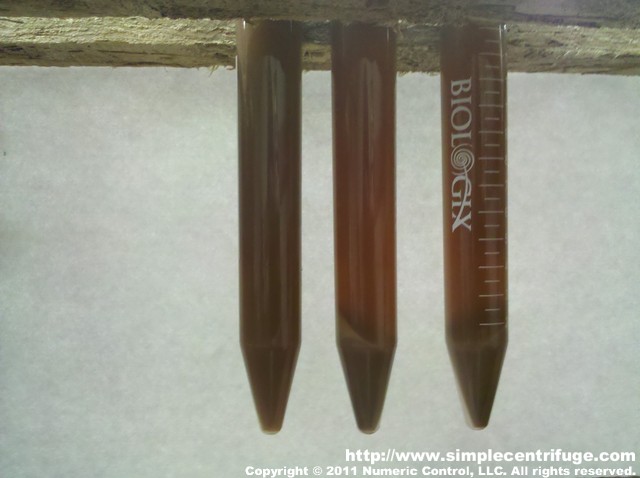 Samples after 5 minutes in the lab centrifuge. Left most sample is the control. The right two samples have been centrifuged. You can see a lot of particulate has dropped out. The color is notably lighter.