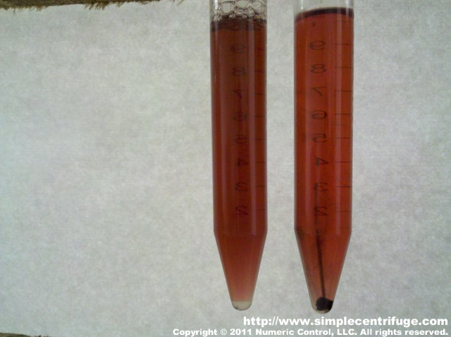 Control sample on the left. Sample on the right has been centrifuged for 30 minutes.