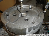Rough bore the pie jaws on the mill for drilling and counter sinking the bolt pattern in the lid.
