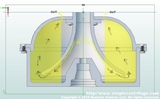 This is the feed path diagram for the new rotor and feed cone design. Dirty oil enters the center of the feed cone. The incoming oil is forced to the bottom of the rotor where it begins separating. Heavy waste is captured on the outside rotor wall. The clean oil moved to the center of the rotor. Clean oil leaves the rotor from the three holes near the center of the top.